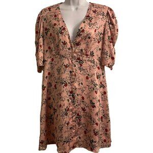 Zara Blush V-Neck Button Front Pink and Rose Floral Button-Front Mini Dress, Med